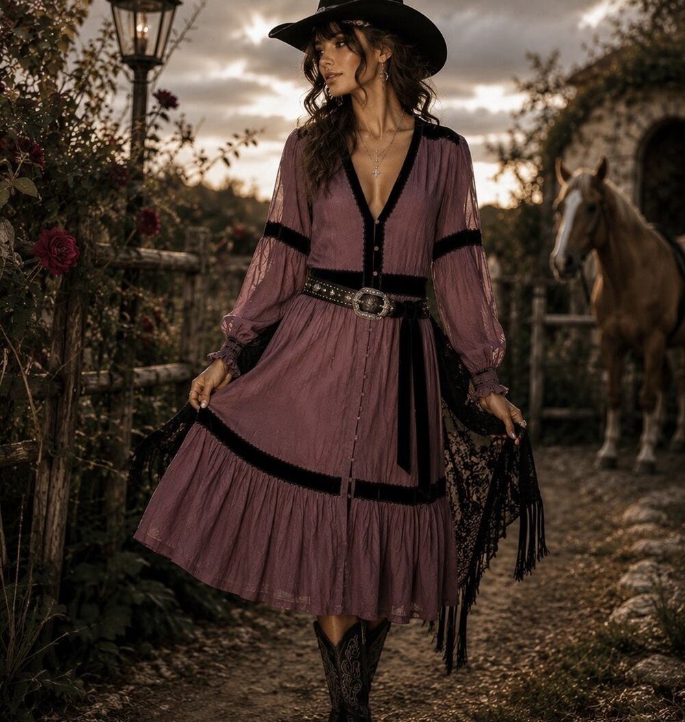 Chasing Unicorns Midi Dress Rose Brown Velvet Trim Sz M Boho Whimsigoth Peasant